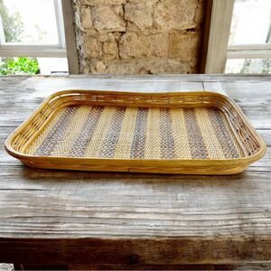 Retro Striped Rattan Straw with Wicker Sides Wood Base Decorative Serving Tray